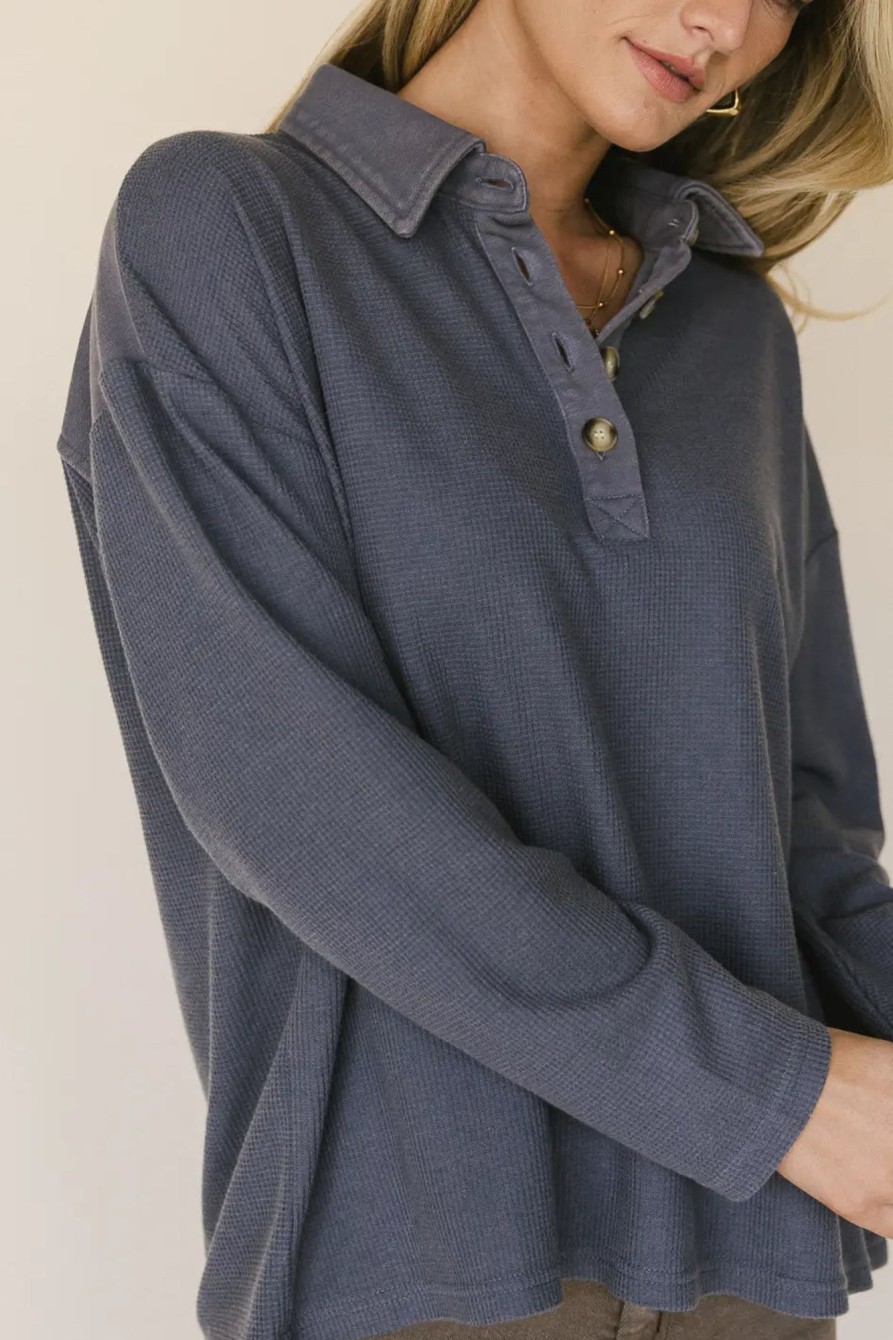 Clothing böhme | Isabelle Waffle Knit Henley Top In Blue