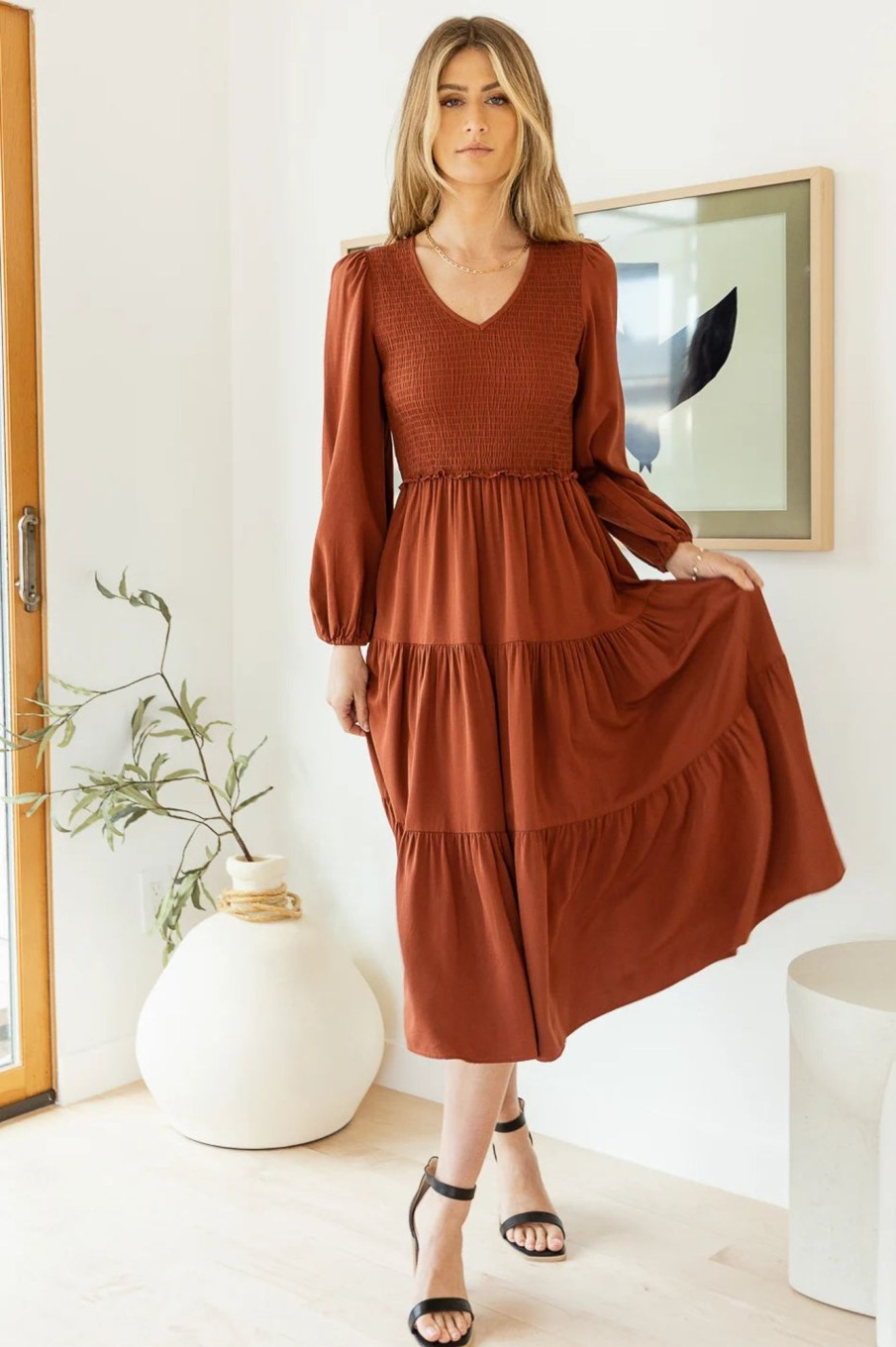 Clothing böhme | Smocked Tiered Midi Dress In Brown